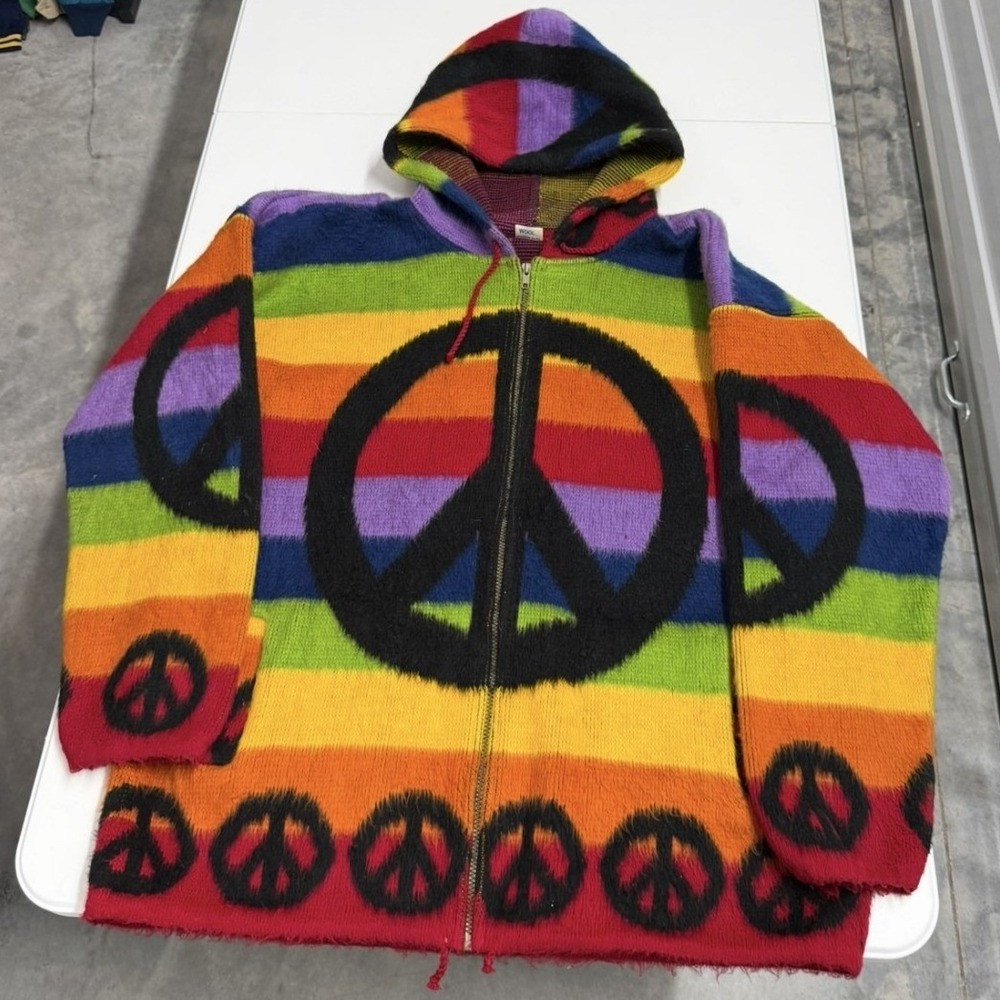 Yari Artesanias Rainbow Peace Sign Wool Zip Up Hoodie XL Ecuador Hippie Boho